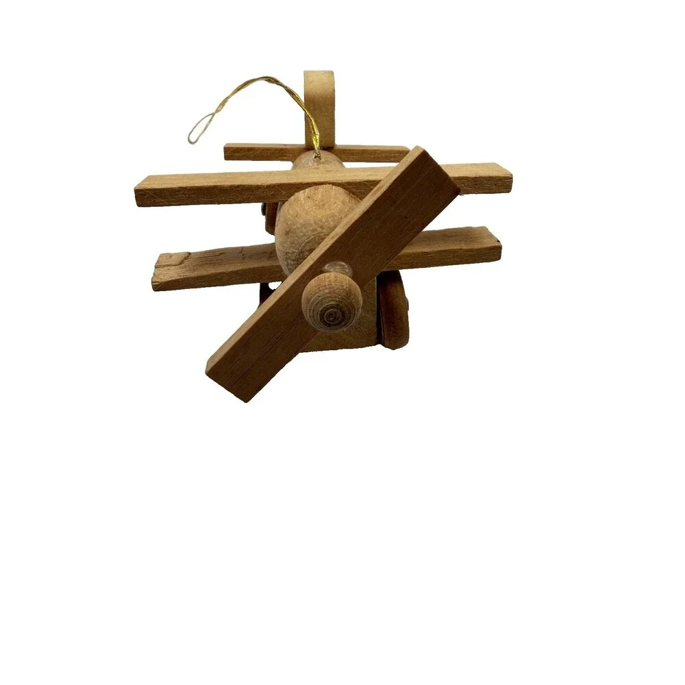 Vintage Wooden Airplane Christmas Ornament Folk Art Propeller Plane Handmade 3”